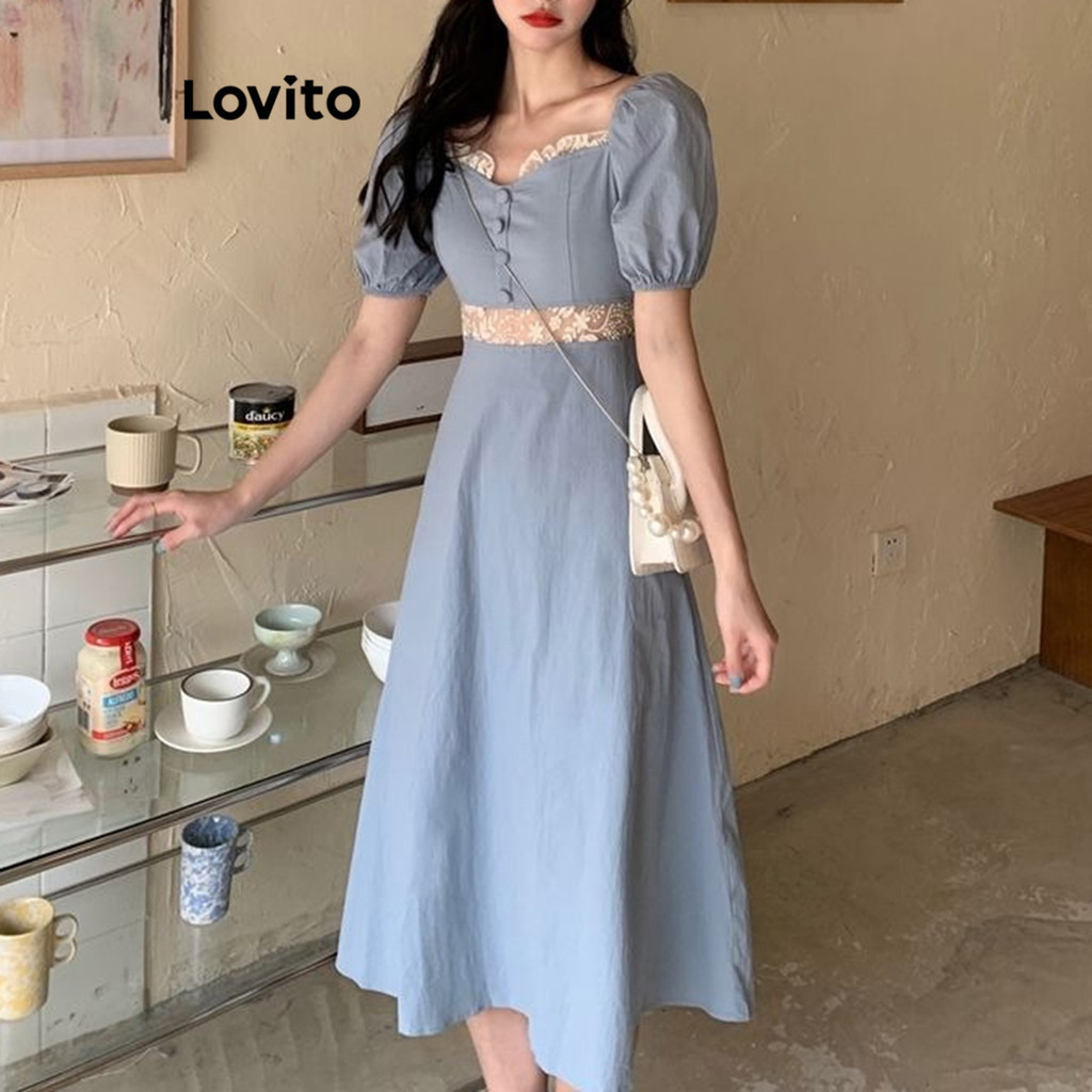 Lovito Women Casual Plain Lace Button Dress LNE66422 | Shopee Philippines