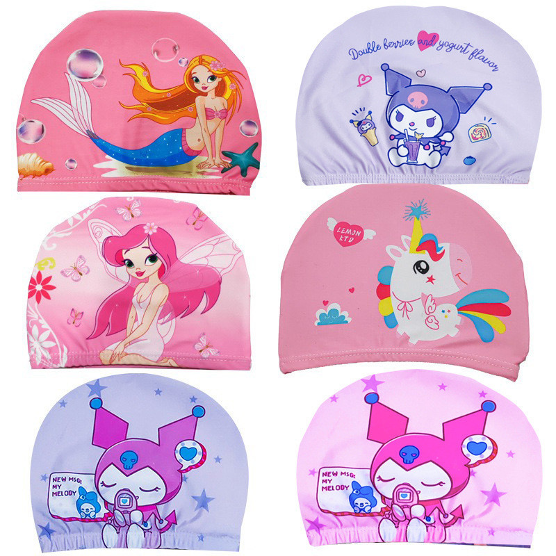 Children Cute Cartoon Princess Sweet Swimming Cap Kuromi Baby Girl Printed  Breathable Swimming Cap 2024