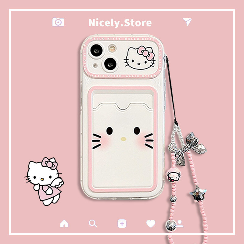 Lovely Pink Hello Kitty with Chain Card Holder Phone Case Compatible ...
