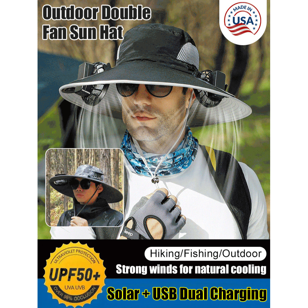 Solar-Powered Dual Fan Fisherman Hat Removable Outdoor Summer Sun ...