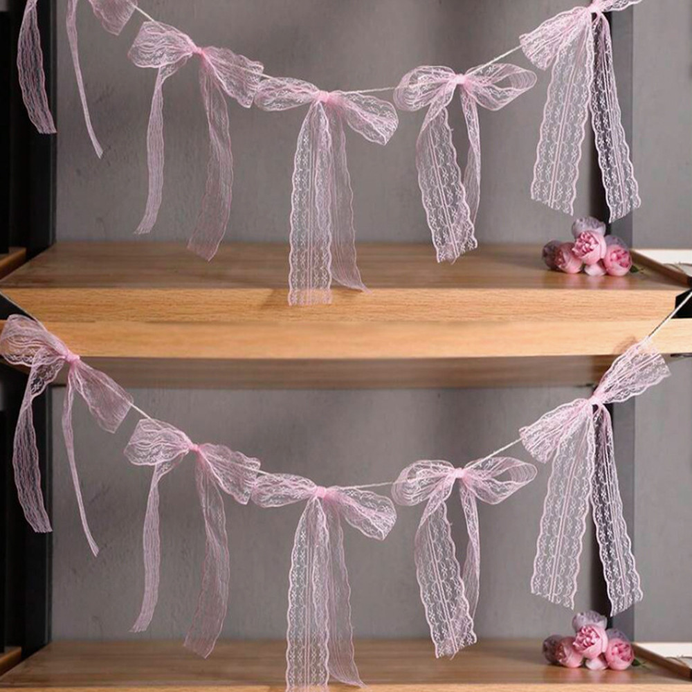 Cute PInk Ribbon Bow Banner Flag Elegant Lace Bowknot Wall Hanging ...