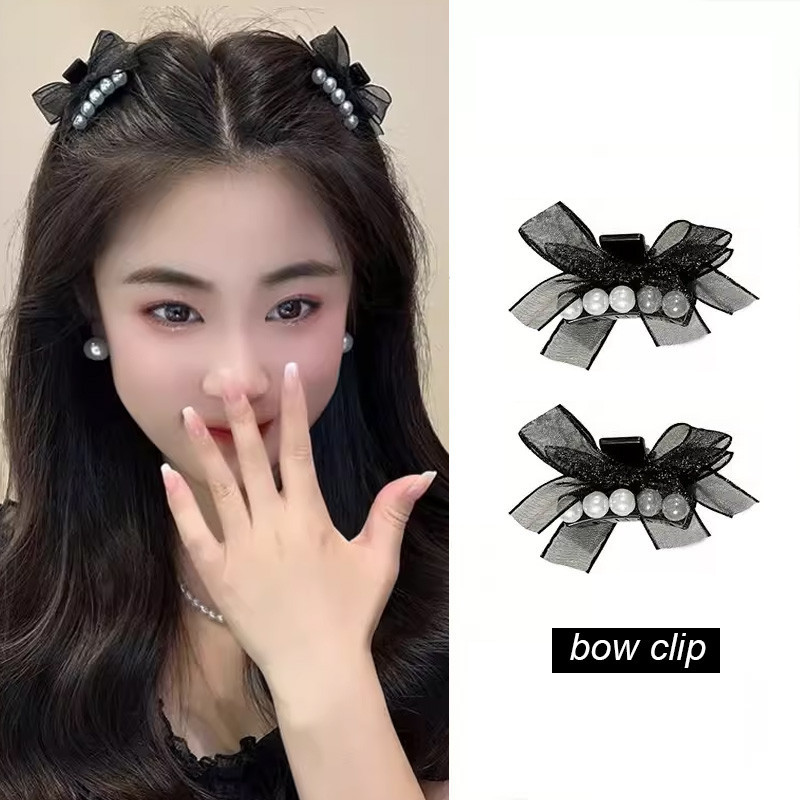 2024 New Mesh Bow Pearl Small Grab Clip Forehead Side Fringe Hairpin ...