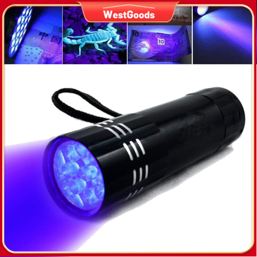 Mini UV LED Flashlight Violet Light 9LED Torch Lamp Battery Ultraviolet ...