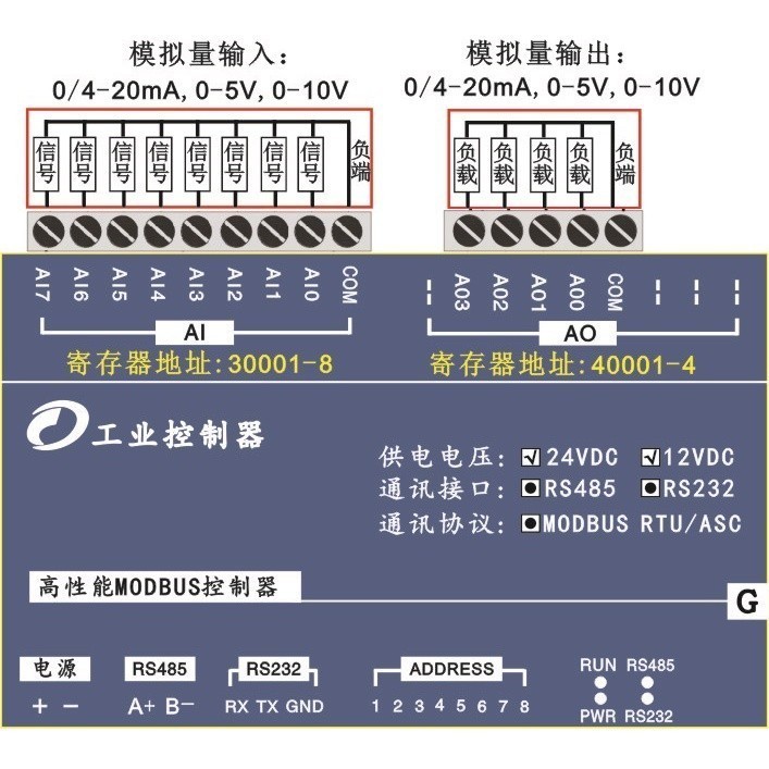 8AI analog input 4AO analog output Modbus RTU module Siemens Mitsubishi ...