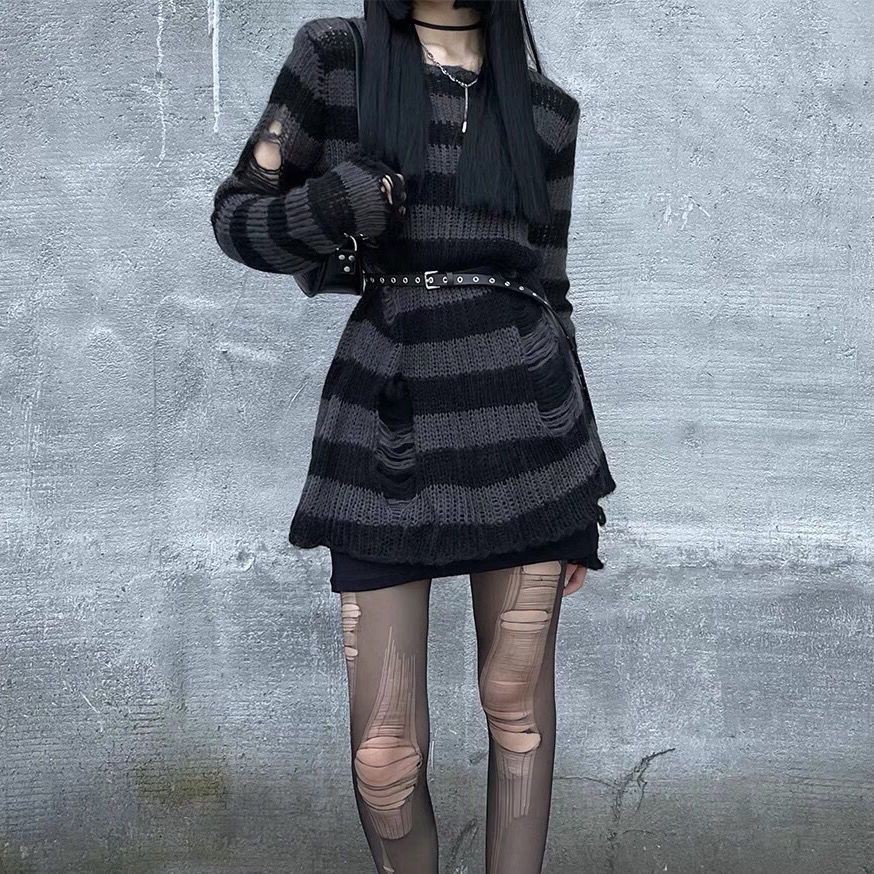 European and American Dark Women's Couple Loose Hole Sweater Punk All ...