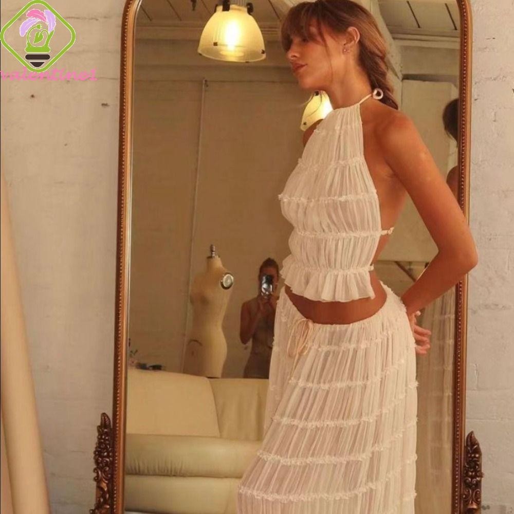 Solid V-Neck Backless Tie Up Halter & Split Maxi Skirt Set