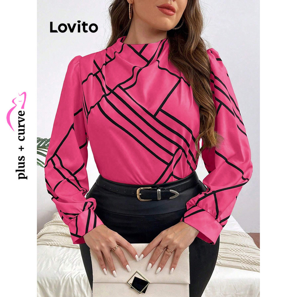 Lovito Women Plus Size Curve Elegant Geometric Ruched Blouse Lbl13291 Shopee Philippines 4522