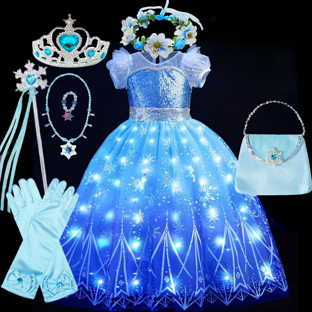 Elsa Role Playing Dress Light Up Kids Halloween Frozen Carnival Apparel ...