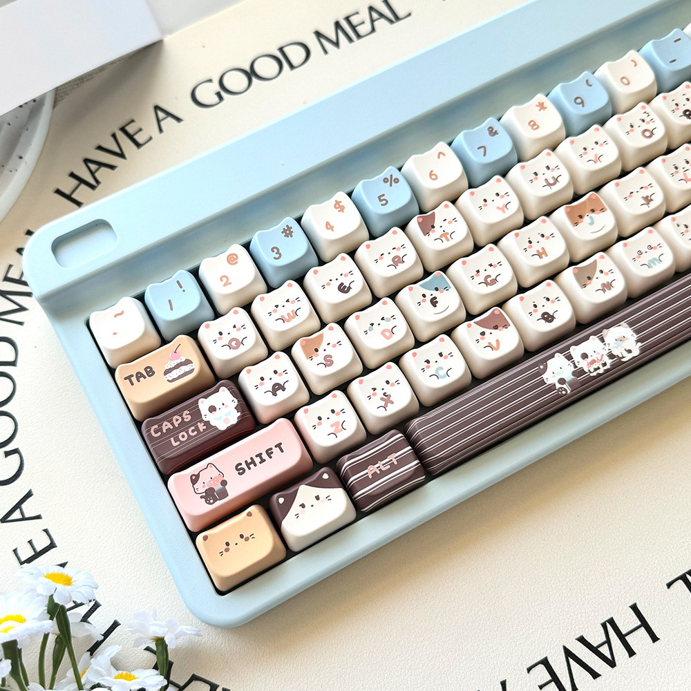 TYRIXKI PBT Keycaps 142 Keys Cute Keycaps Dye-Sublimation Sea Salt Cat