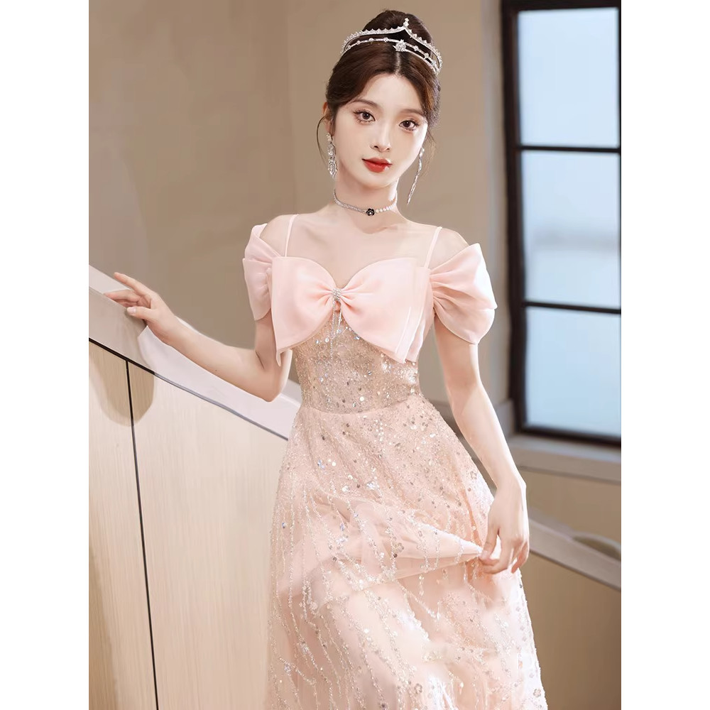 Hawlife Korean Pink Bow Puff Sleeve Prom Ball JS Cocktail Civil Wedding ...