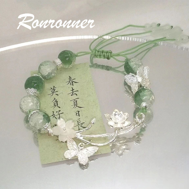 Chinese Style Green Glass Beaded Bracelet for Girls Summer Lotus
