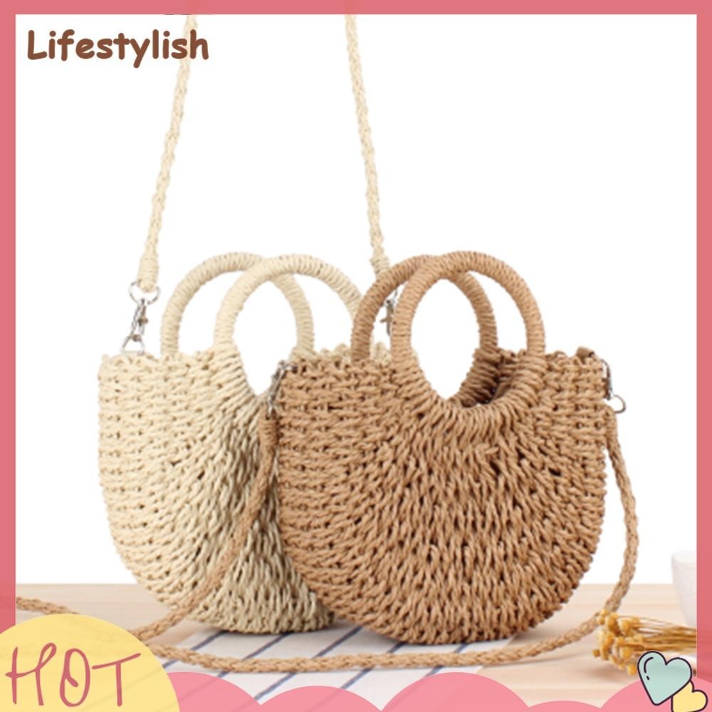 A# Women Hand-Woven Bag Semicircle Woven Top-Handle Bags Simple Vacation  Straw B