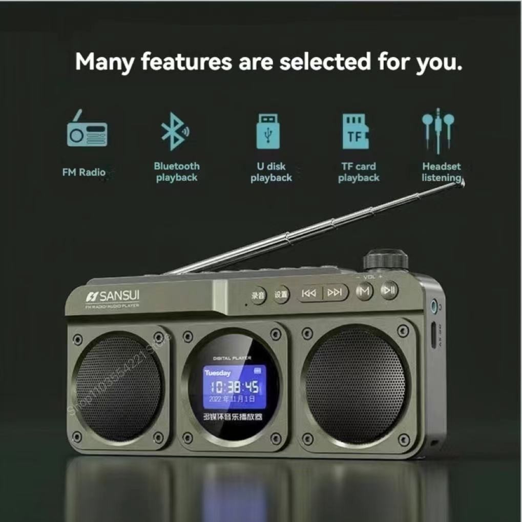 SANSUI F28 Portable FM Radio MP3 Walkman Outdoor Card Wireless Bluetooth  Speakers Hi-fi Sound Quality LED Clock Lyrics Display