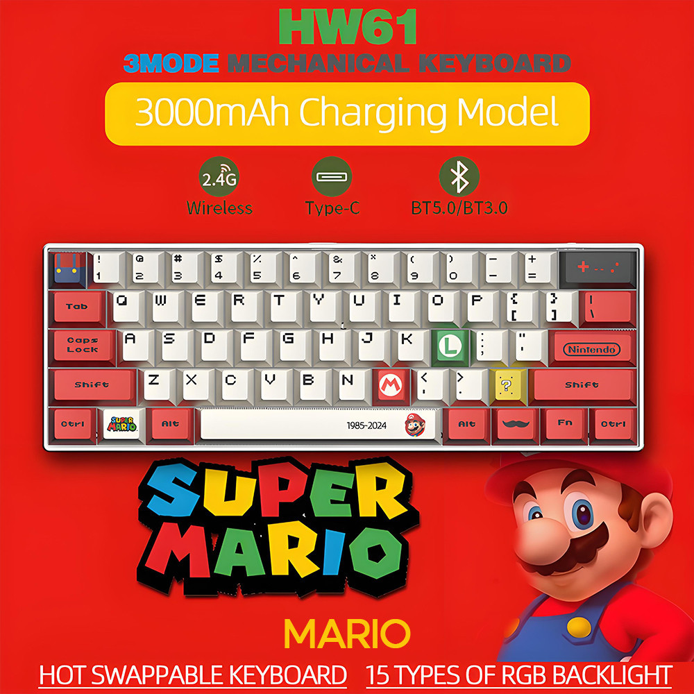 Mario HW61 RGB Games Mechanical Keyboard 3 Mode Bluetooth/2.4G/Wired ...