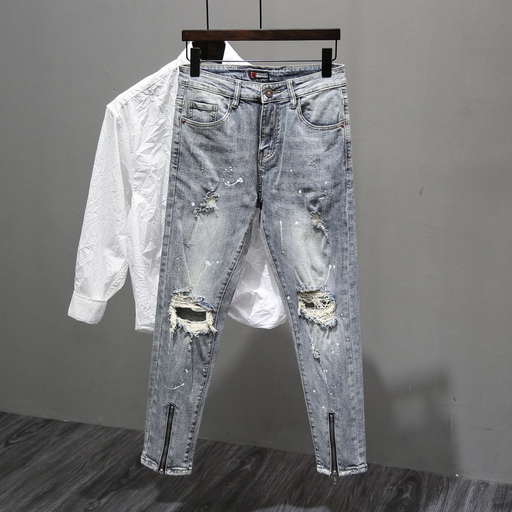 Ripped Men's Jeans Hong Kong Style Retro Personality Trend Slim Fit ...