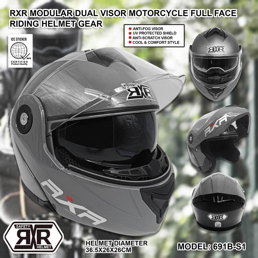 RXR Modular Dual Visor Motorcycle Full Face Riding Helmet Gear (691B-S1 ...