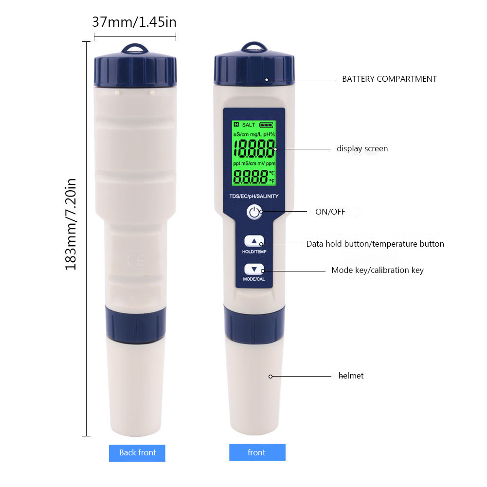 5 IN 1 Water Quality PH Tester PH/ Salinity/ TDS/ EC Meter Temp Meter Ip67 Waterproof Test Good Pen For Drinking Water I.592030722