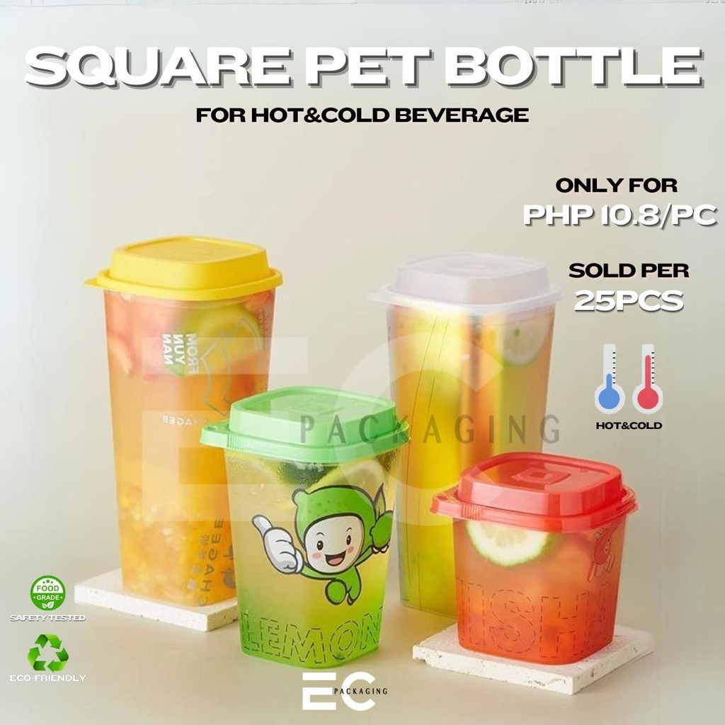 [EC] 25PCS Square 500ML PP Plastic Bottle W/Lid And Fork For Hot Cold  Beverage Drinks