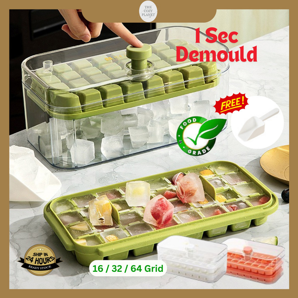 One Button Push 32/64 Grid Ice Cube Maker Frozen Ice Cube Storage Box ...