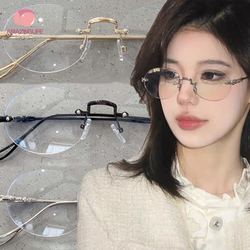 1 Pc Fashion Oval Rimless Frame Glasses - for Women Girls Vintage ...