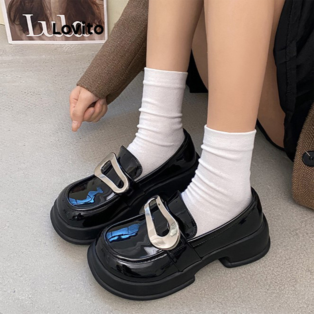 Lovito Women Preppy Plain Retro British Style Jk Round Toe Leather ...