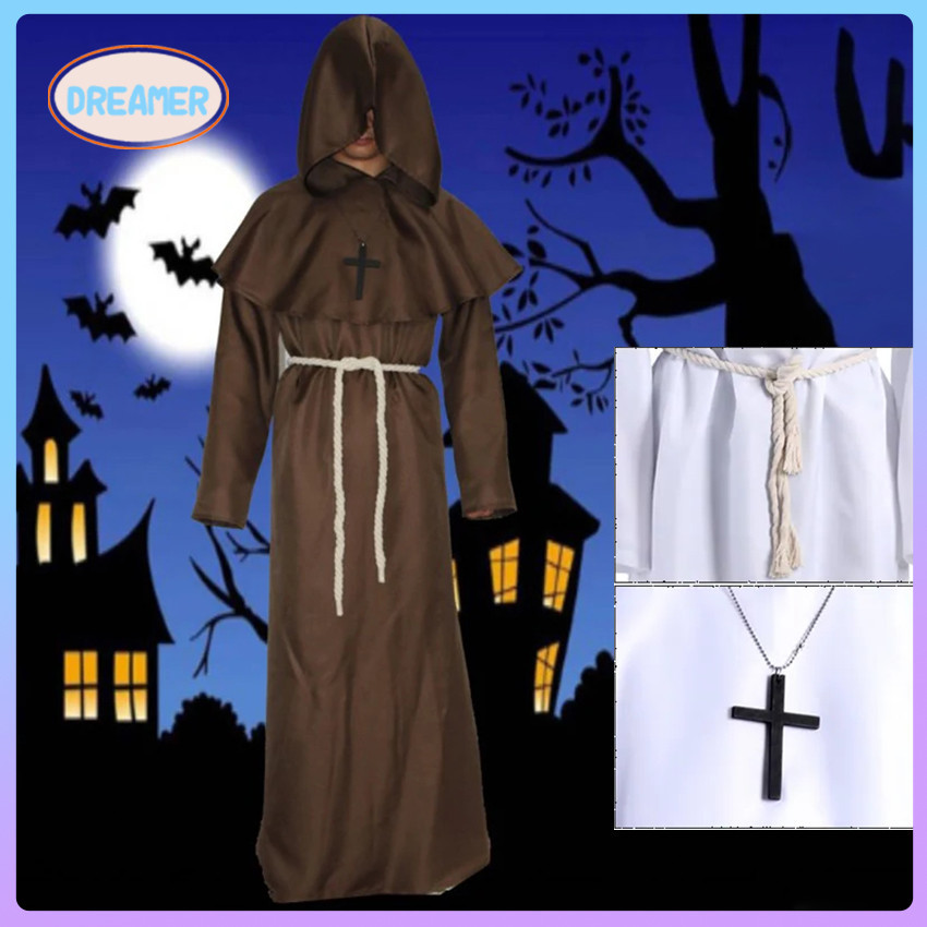 Medieval Monks Priest Robe Wizard Hooded Cape Halloween Cosplay Costume ...