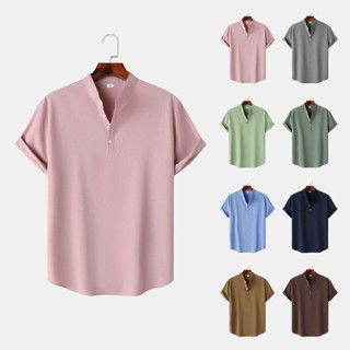 [8 Color] Summer New Solid Color Cotton Linen Button Up Polo Shirt ...