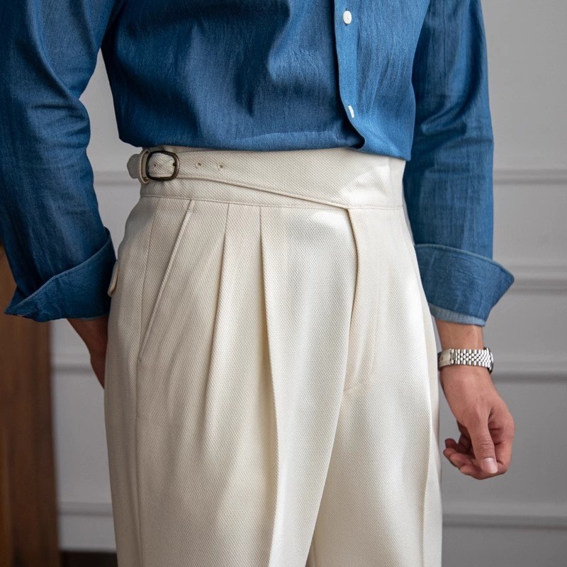 British Style Men High Waist Casual Belt Design Slim Trousers Formal ...