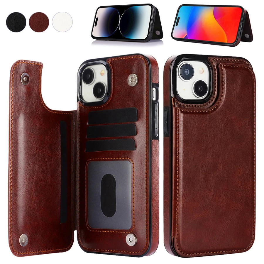 Luxury Leather Wallet Phone Case For iPhone 11 13 12 14 15 Pro Max i11  Double Button With Card Slot