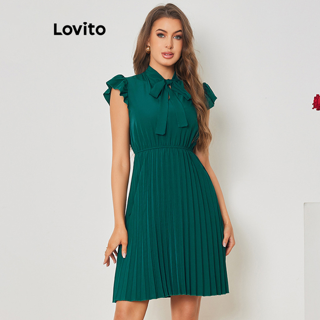 Lovito Women Elegant Plain Lace Up Pleated Ruffle Dress LBL08422