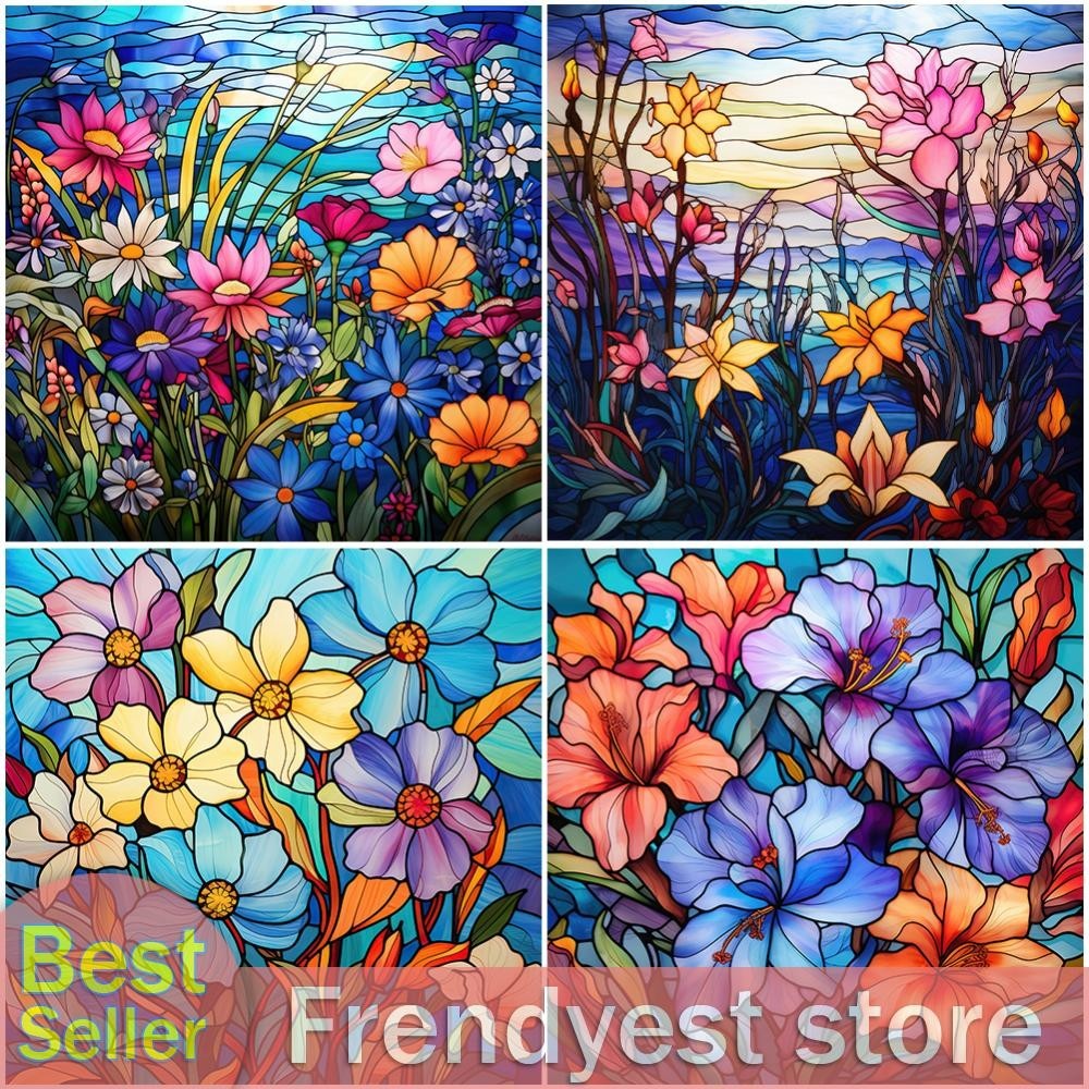 5D DIY Full Round Drill Stained Glass Diamond Painting Colorful Flower ...