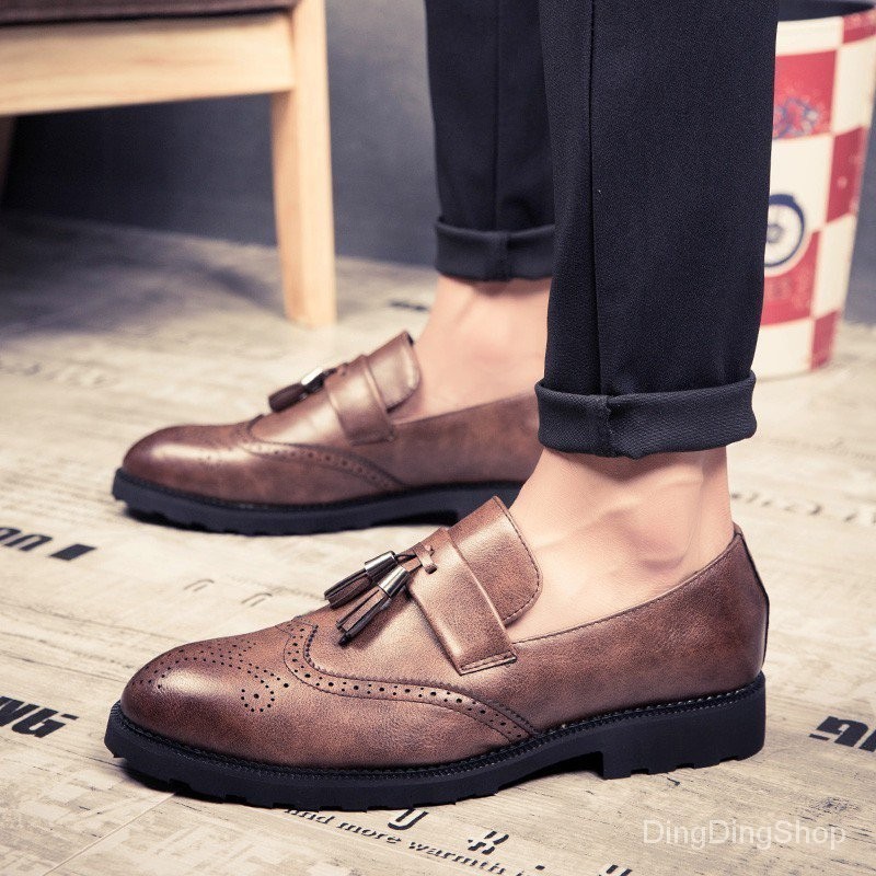 Brown leather shoes dress shoes Loafers for men business tassel shoes ...