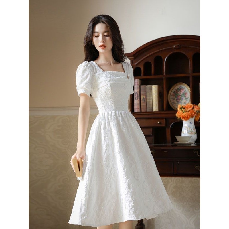 Hawlife Korean White Puff Sleeve Elegant Midi Dress 59 | Shopee Philippines