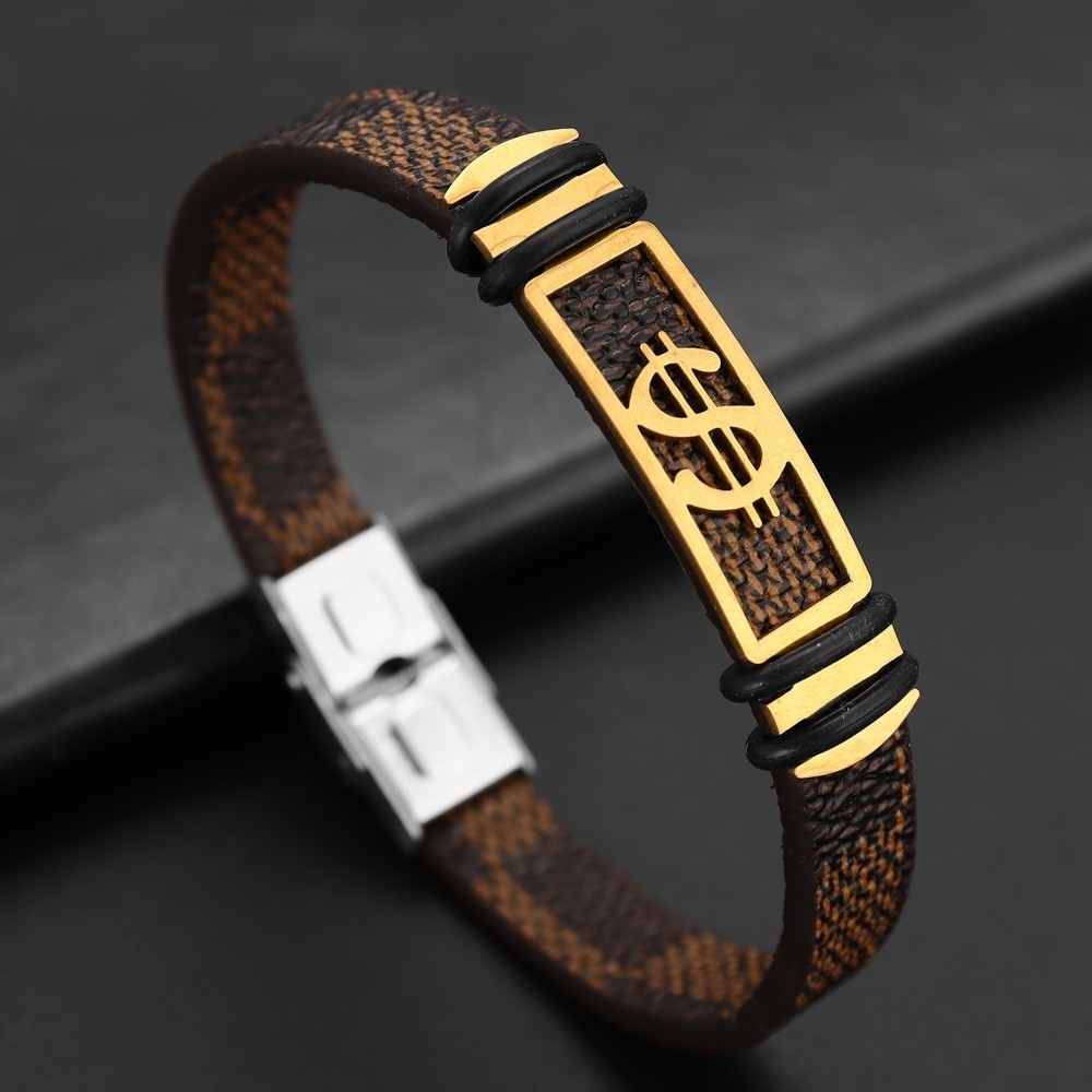 Charms Brown Leather Gold Color Money Style Metal Bracelet Women Men