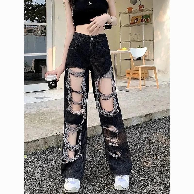 American High Street Ripped Jeans Women Summer High Waist Straight ...