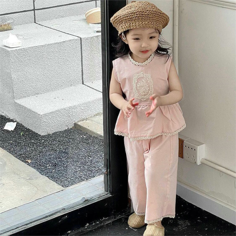 Girls Suits Fine Cotton Lace Stand-Up Collar Tops Plus Trousers 2024 ...
