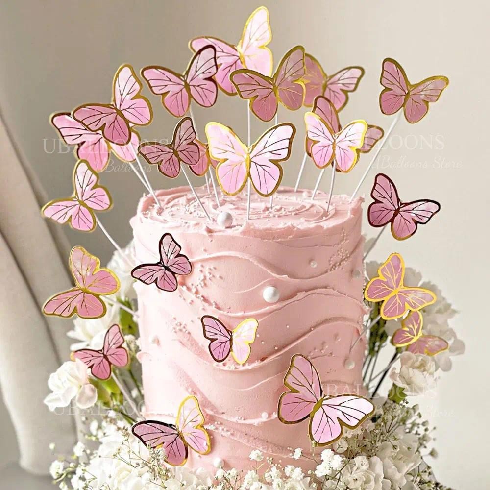 11pcs Pink Butterfly Cake Toppers 3D Gold Pink Purple Butterfly Cupcake ...