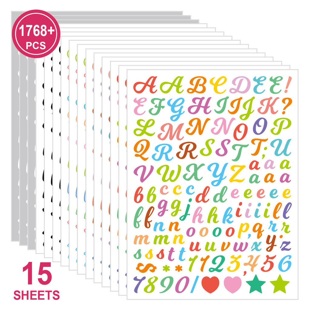 15 Sheets/1768pcs Multi-color Letters, Numbers & Symbols Waterproof PVC ...