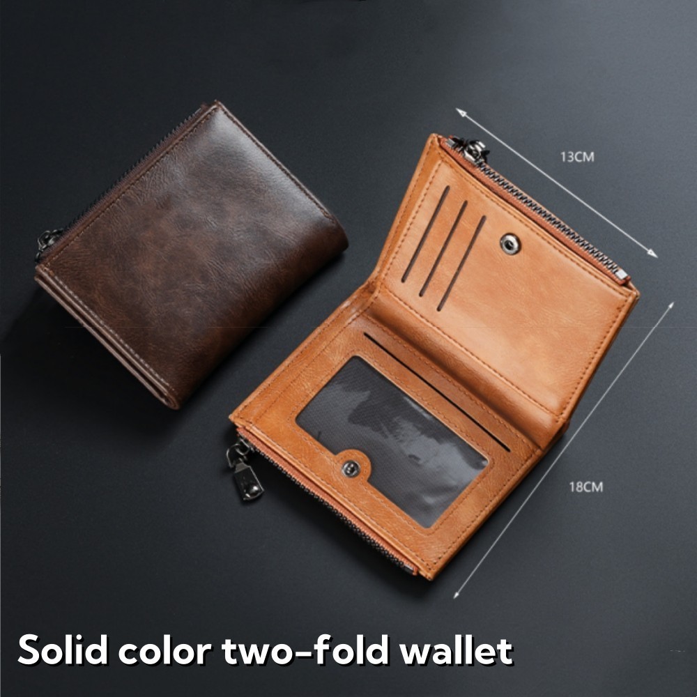 Short leather men's wallets with double side zipper coin pockets and ...