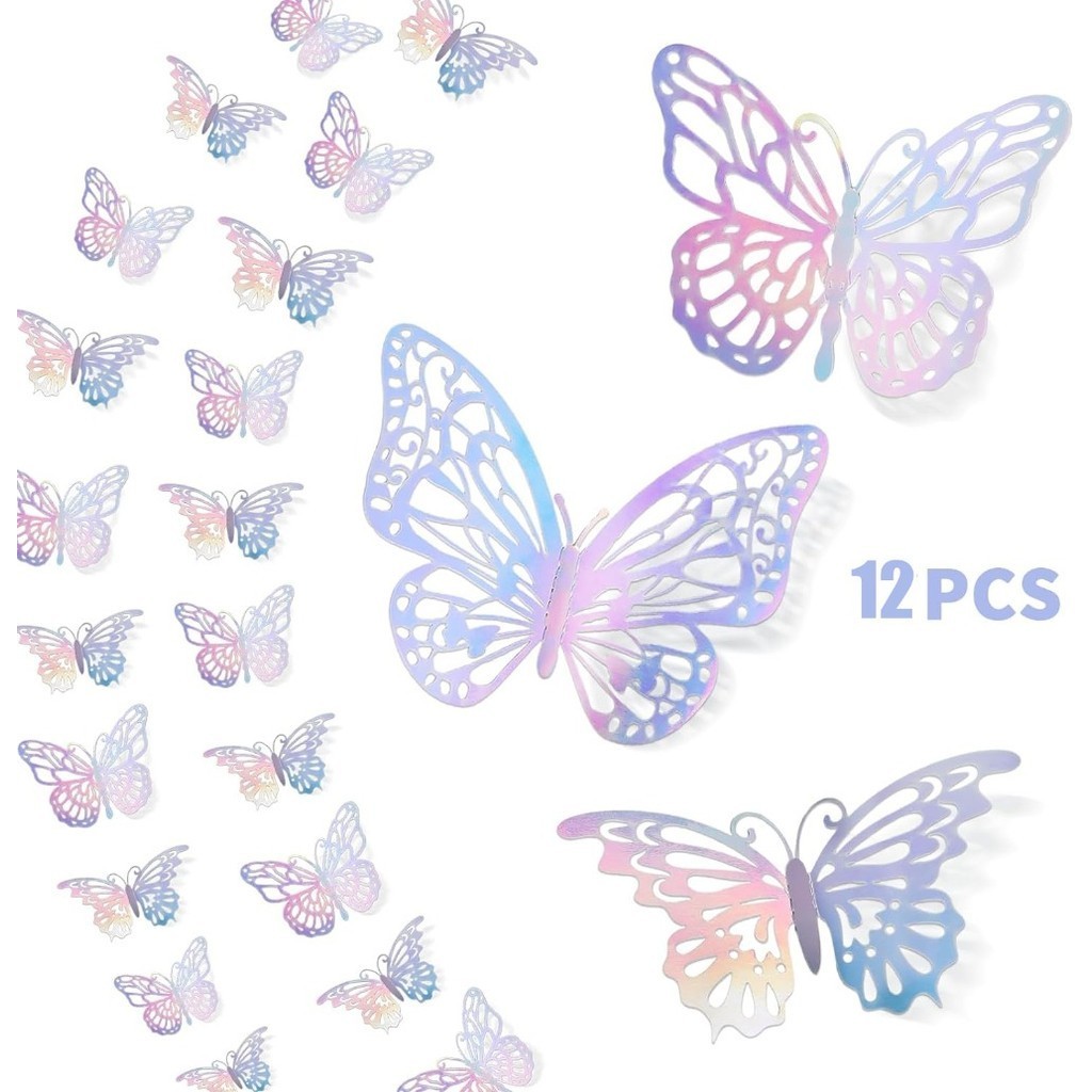 12PCS 3D Laser Colorful Silver Butterfly Wall Decor Metallic Butterfly ...