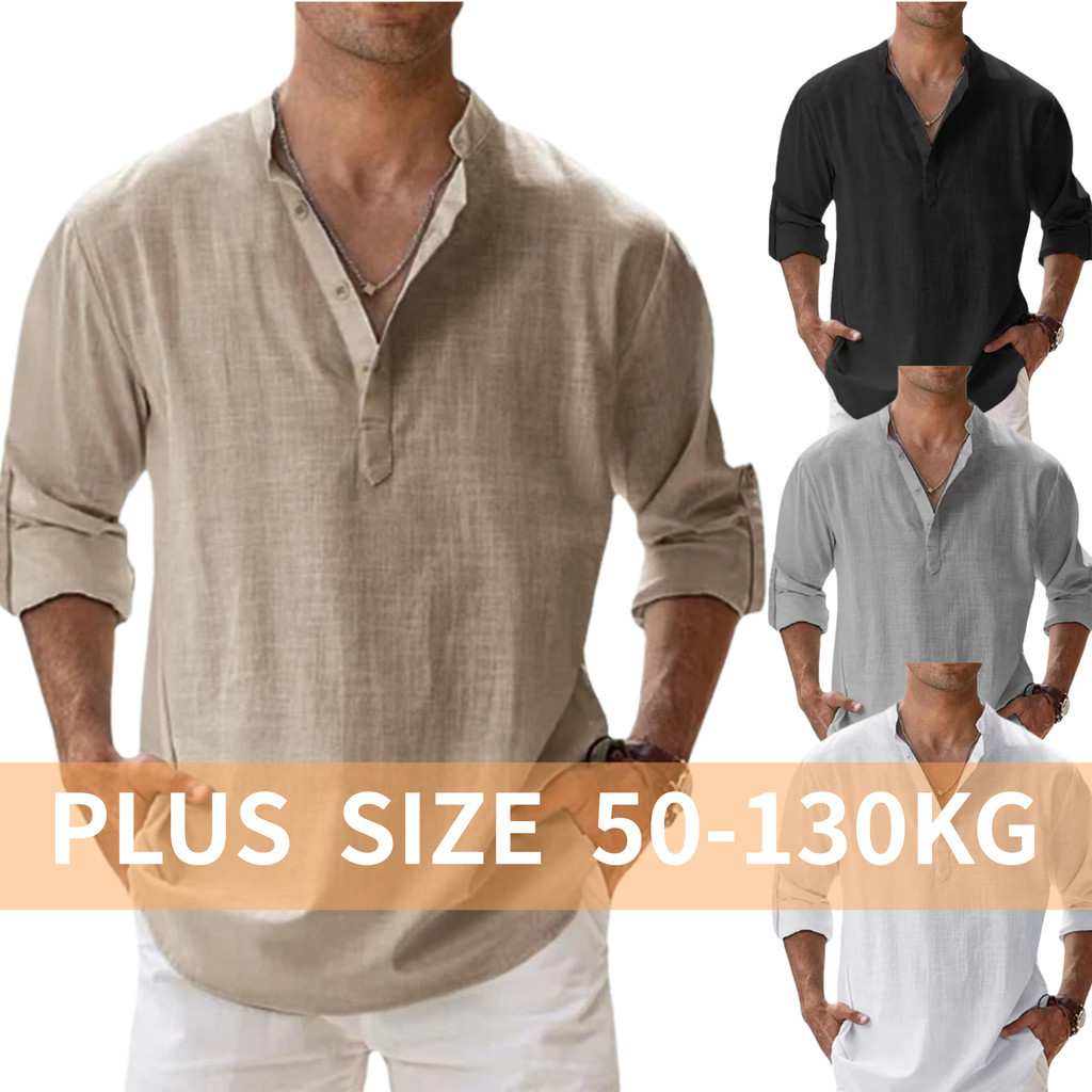 【Plus Size】Men Linen Henley Collar Cotton Top Long Sleeve Button Down T ...