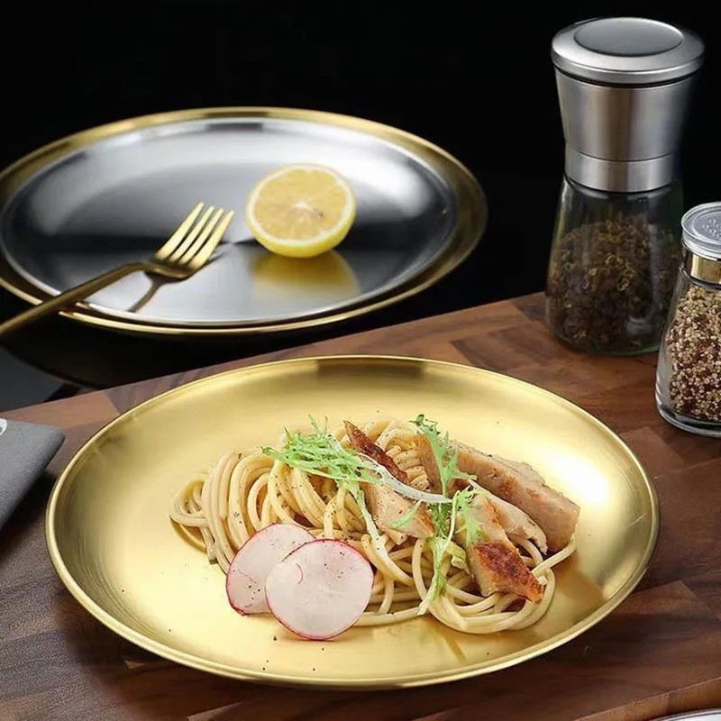 304 Stainless Steel Disc Gold Tray Western Steak Round Tray Dinner ...