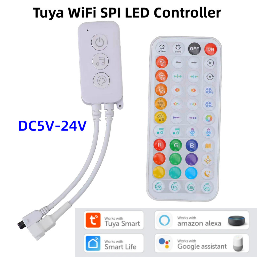 DC5V-24V Tuya WiFi SPI LED Controller with IR44 Keys Remote Bluetooth ...