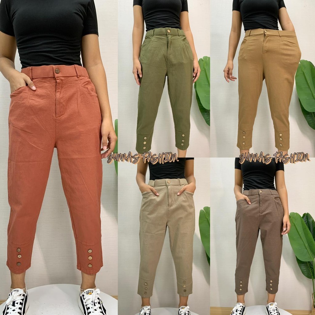Women s Plain Colored Trouser Size 32 36 Elasticated Waist Cotton Linen High Waist Crop Capri Pants