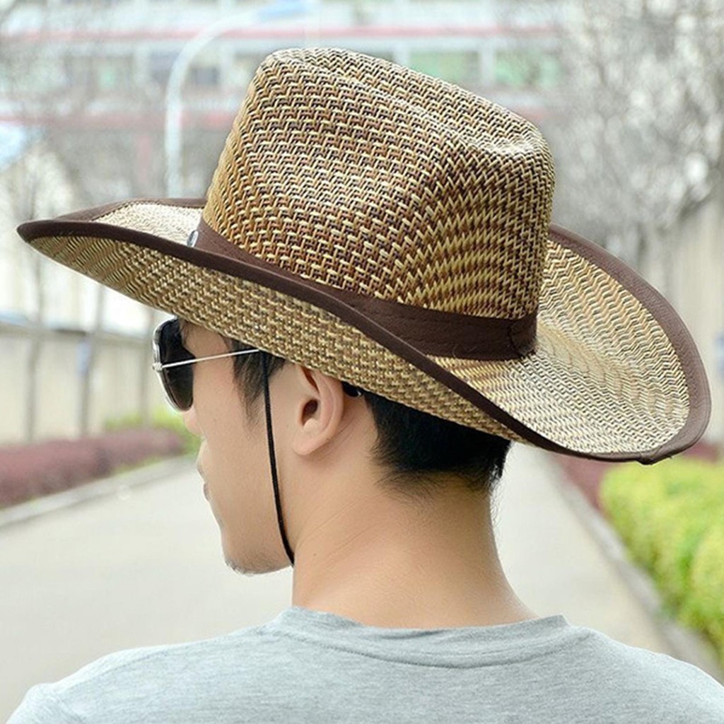 Men's Straw Hat Cowboy Straw Sun Hats Wide Brim Summer Beach Hiking Hat ...