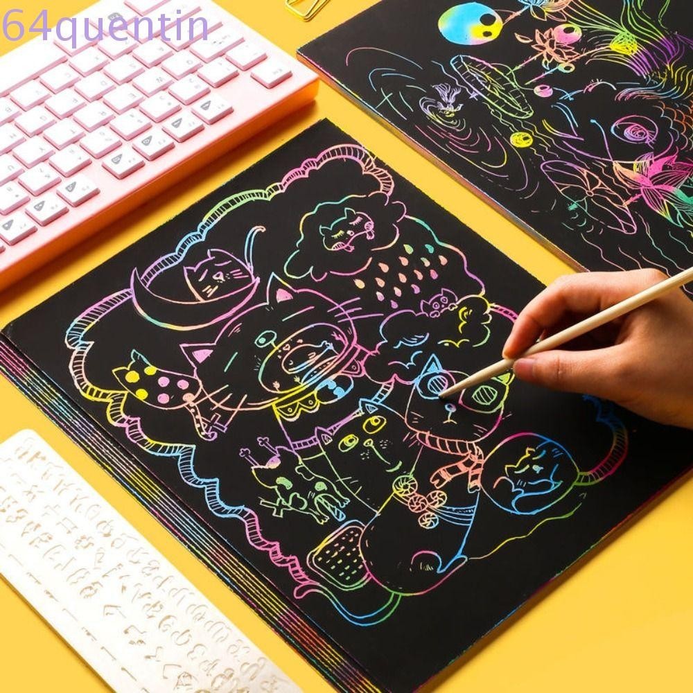 QUENTIN 10PCS Scratch Art Paper Card Set, Rainbow Color Graffiti Stencil Magic Scratch Card Kit