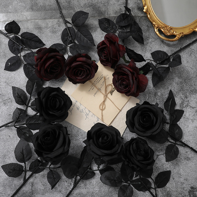 Artificial Dark Red Black Rose Flower Bouquet for Home Halloween