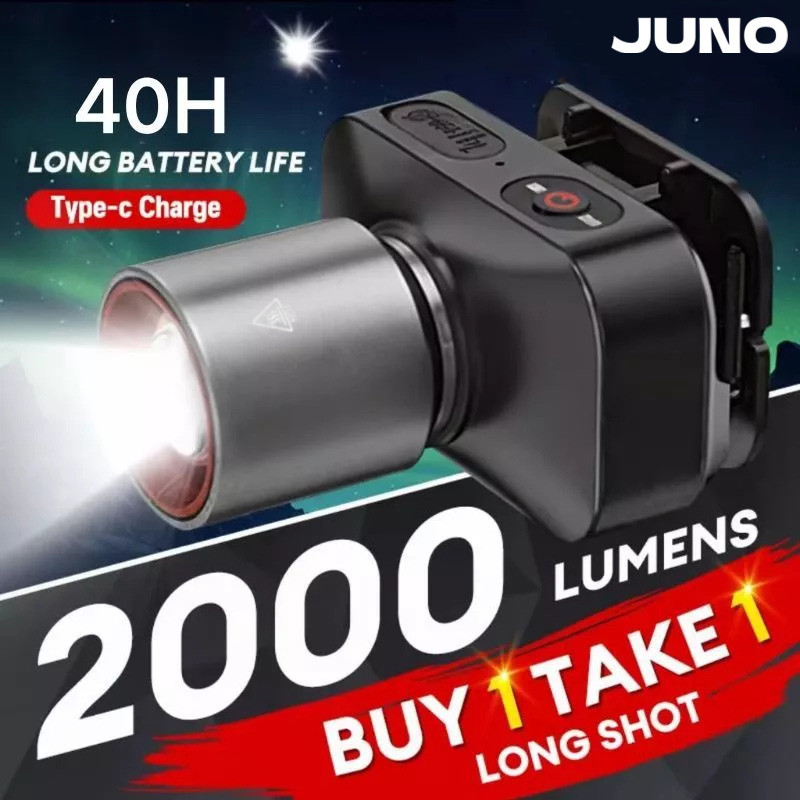 JUNO Headlight Flashlight Rechargeable Waterproof Zoomable Headlamp Led ...