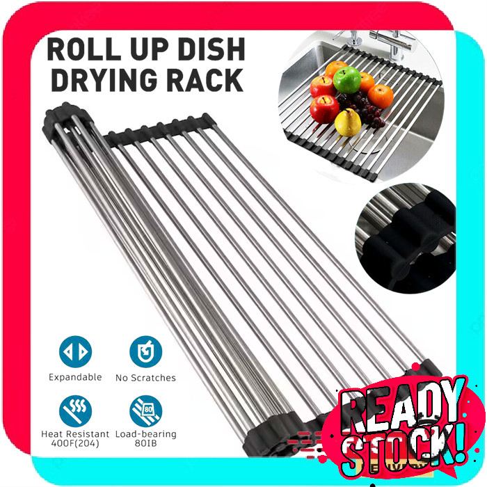 Roll-up Dish Drying Rack Foldable Stainless Steel Over Sink Rack ...