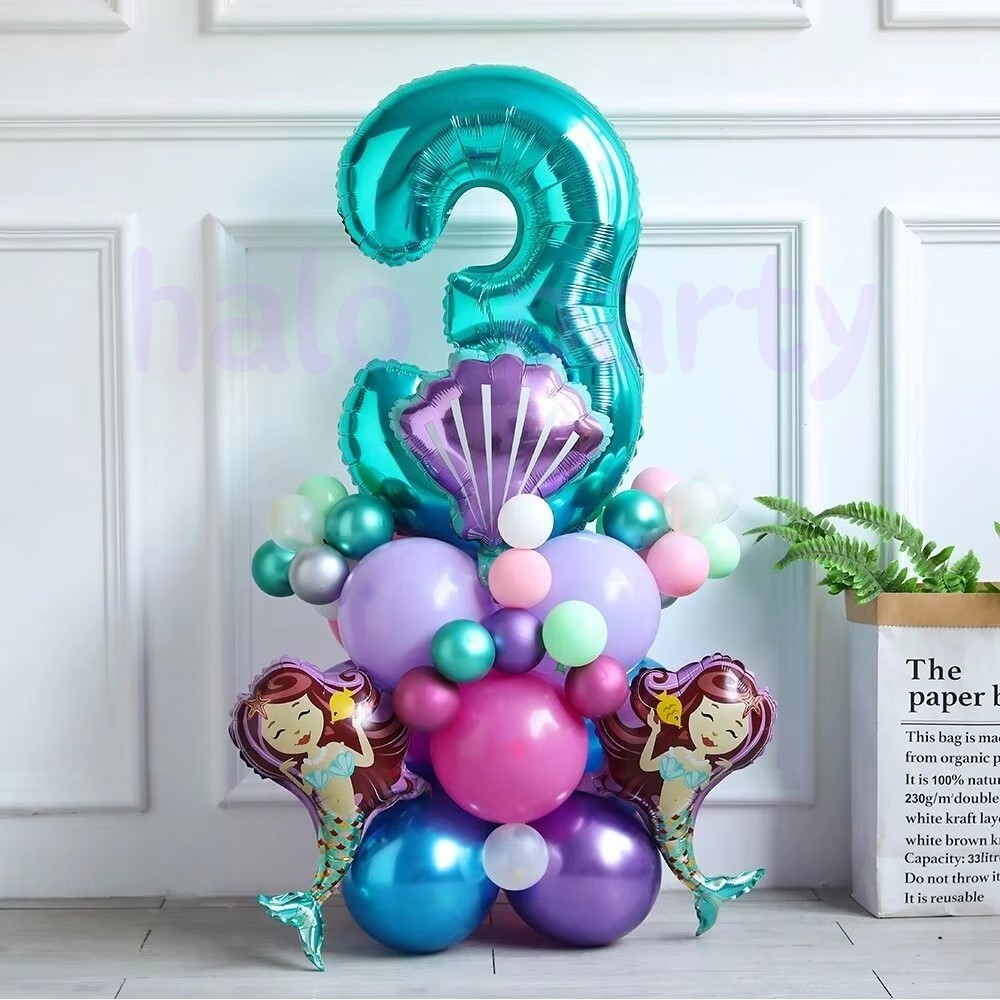 Mermaid Theme Balloon Column Set Blue Number Mini Mermaid Tail Shell ...